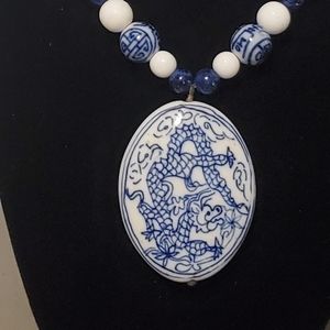 Vintage Chinese Porcelain Necklace w/Pendant by Les Bernard